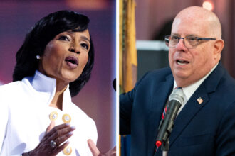 Prince George’s County Executive Angela Alsobrooks, a Democrat, is up against Republican and former Governor Larry Hogan in Maryland’s U.S. Senate race. Credit: Tom Williams/CQ-Roll Call and Nathan Howard/Getty Images