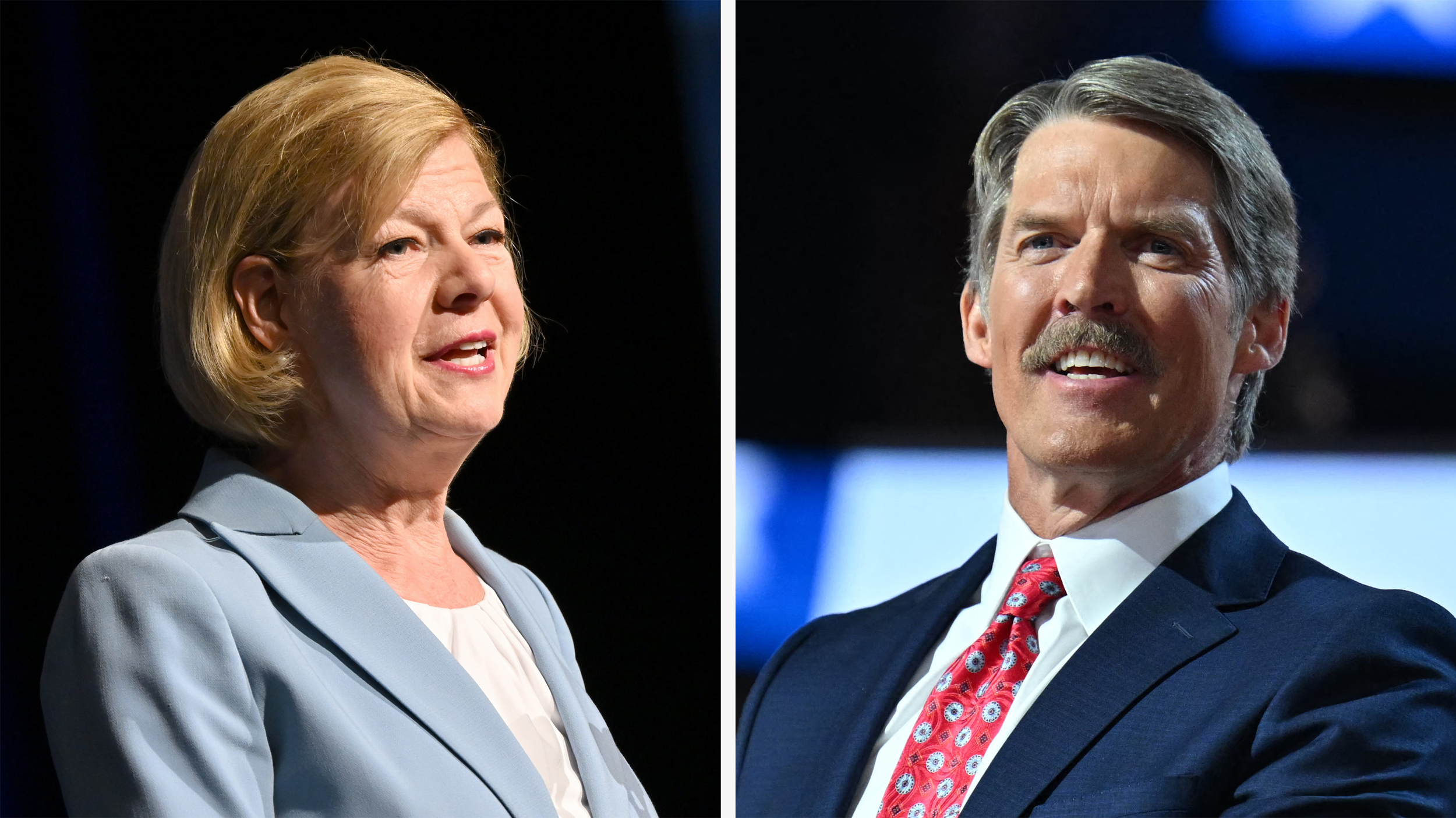 Sen. Tammy Baldwin, the Democratic incumbent, is challenged by Eric Hovde in the Wisconsin Senate race. Credit: Daniel Boczarski/Getty Images and Angela Weiss/AFP