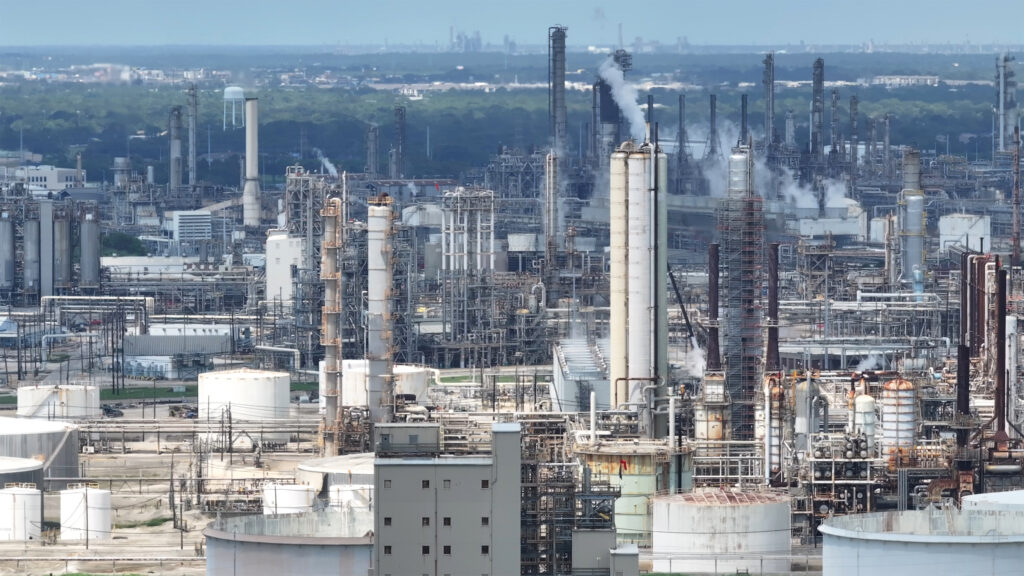 A view of the ExxonMobil Baytown petrochemical complex near Houston, where the company has added a chemical recycling facility for waste plastic. Credit: Carlos Chavez/CBS News