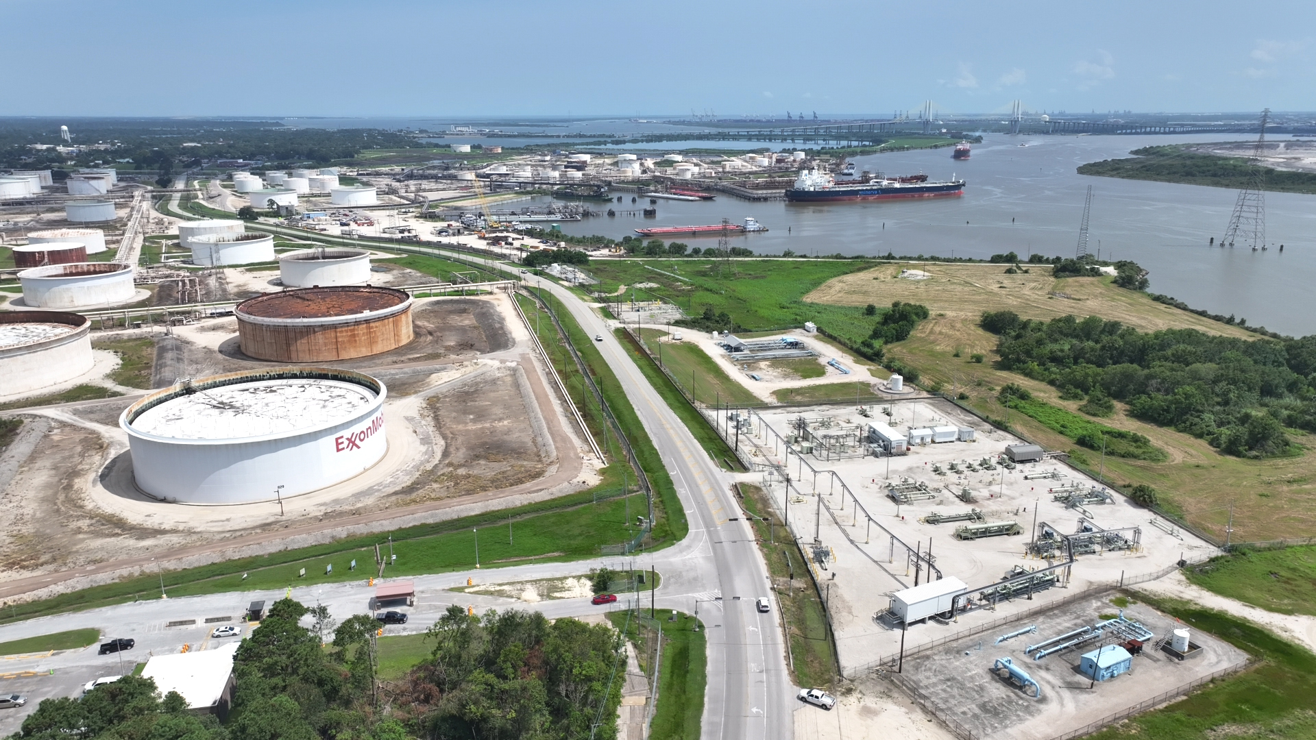 A view of the ExxonMobil Baytown petrochemical complex near Houston, where the company has added a chemical recycling facility for waste plastic. Credit: Carlos Chavez/CBS News