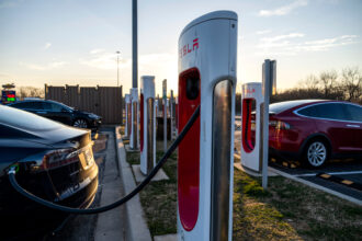 A Tesla charging station is seen at a travel plaza off Interstate-95 in Cecil County, Maryland. One of the funded projects includes efforts to deploy new electric vehicle charging stations along the Interstate-95 corridor in New Jersey, Connecticut, Delaware and Maryland. Credit: Tom Williams/CQ-Roll Call, Inc via Getty Images