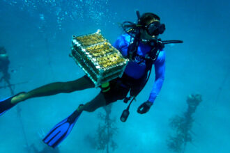 A member of the Coral Restoration Foundation brings up threatened coral transplants from the Florida Keys waters for safe keeping on land during a marine heatwave on July 24, 2023 near Islamorada, Florida. Credit: Carolyn Cole/Los Angeles Times via Getty Images