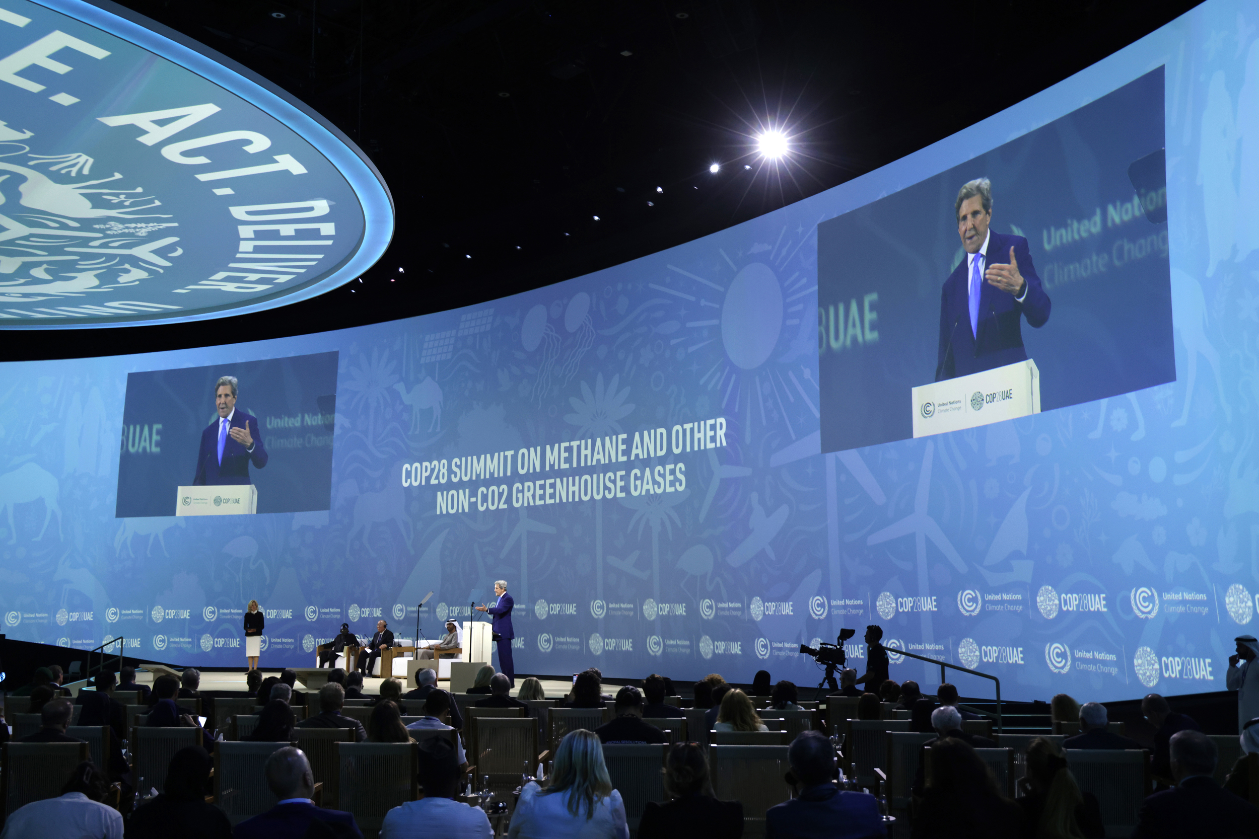 John Kerry, U.S. special presidential envoy for climate, speaks at a session on the global need to reduce methane emissions during the COP28 climate conference in Dubai on Dec. 2, 2023. Credit: Sean Gallup/Getty Images