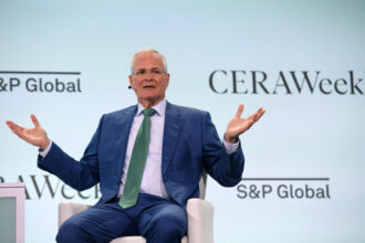 Exxon Mobil Chairman and CEO Darren Woods speaks during the CERAWeek oil summit in Houston, Texas, on March 18. Credit: Mark Felix/AFP via Getty Images