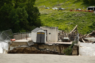 Rapidan Dam is left damaged on June 25 in Waterville, Minnesota after days of historic flooding hit the Midwest. Credit: Christopher Mark Juhn/Anadolu via Getty Images