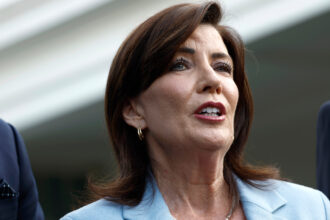 New York Gov. Kathy Hochul speaks to reporters after a meeting with President Joe Biden at the White House on July 3. Credit: Anna Moneymaker/Getty Images)