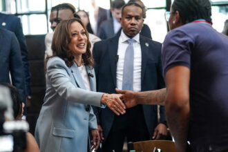 Vice President Kamala Harris greets people during a campaign stop on Tuesday in Atlanta, Georgia. Credit: Elijah Nouvelage/AFP via Getty Images