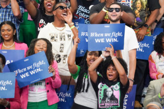 Supporters cheer for Democratic presidential candidate and Vice President Kamala Harris at Georgia State Convocation Center on July 30 in Atlanta. Credit: Julia Beverly/Getty Images