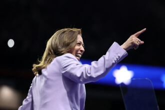 Vice President Kamala Harris walks on stage during a campaign rally at the University of Nevada in Las Vegas on Aug. 10. Credit: Ronda Churchill/AFP via Getty Images