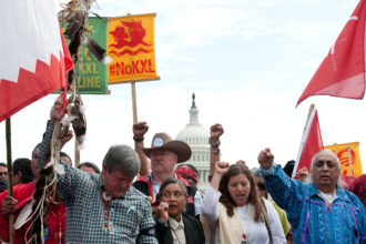 Native Americans, farmers and ranchers gather in front of the U.S. Capitol as the Cowboy and Indian Alliance protest the proposed Keystone XL pipeline on April 22, 2014. Credit: Nicholas Kamm/AFP via Getty Images