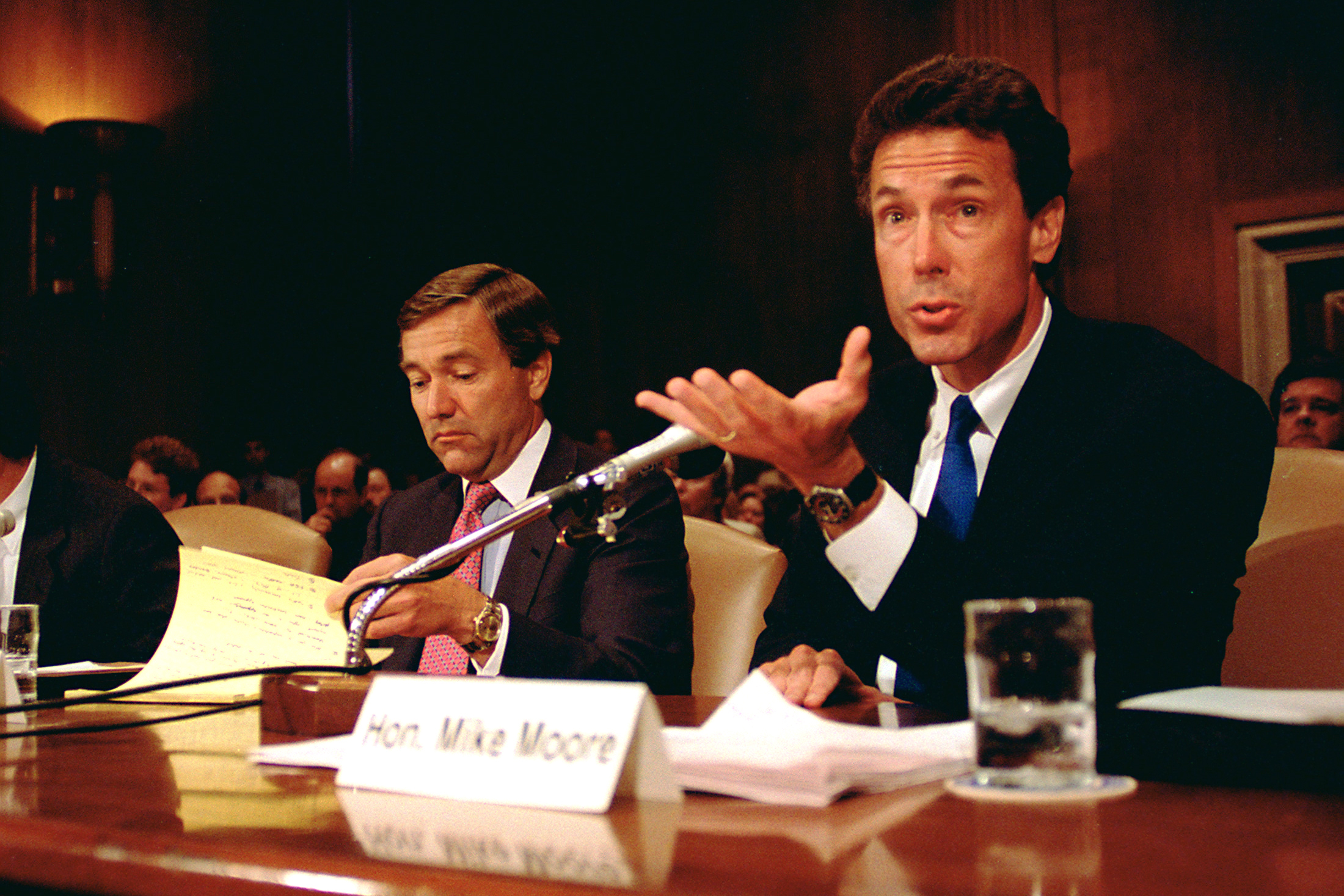 Mississippi Attorney General Mike Moore gives his opening remarks during the tobacco settlement hearings in 1997. Credit: Douglas Graham/Congressional Quarterly via Getty Images