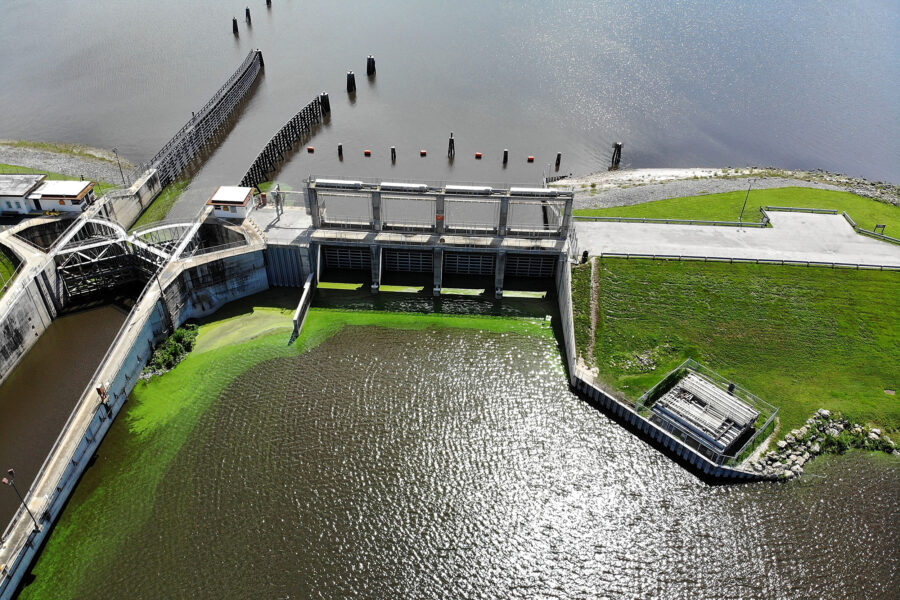 An aerial view of a toxic algae bloom at the Port Mayaca Lock and Dam on Lake Okeechobee in 2018. Credit: Joe Raedle/Getty Images