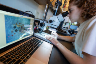 University of Vermont researcher Halley Mastro examines fossilized remnants of willow, fungi and moss spores found beneath a two-mile deep layer of ice in Greenland. Credit: University of Vermont