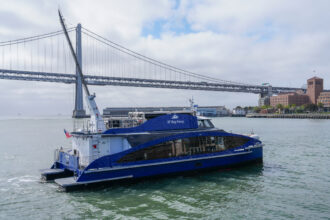 The MV Sea Change makes its first trip in the San Francisco Bay. Credit: San Francisco Bay Ferry