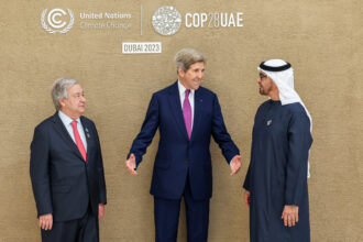 At COP28 in Dubai, (L-R) António Guterres, United Nations Secretary-General, John Kerry, Special Presidential Envoy for Climate for the United States of America and His Highness Mohamed bin Zayed Al Nahyan, President of the United Arab Emirates and Ruler of Abu Dhabi. Credit: Mahmoud Khaled/COP28 via Getty Images