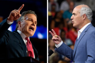 Republican Dave McCormick (left) is challenging Democratic Sen. Bob Casey in Pennsylvania’s race for U.S. Senate. Credit: Jacek Boczarski/Anadolu and Matthew Hatcher/AFP via Getty Images