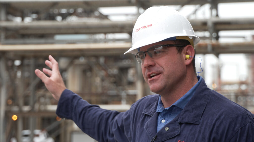 Ray Mastroleo, ExxonMobil's global market development manager for advanced recycling, is seen at the company's chemical recycling facility inside the Baytown petrochemical complex near Houston. Credit: Dwaine Scott/CBS News