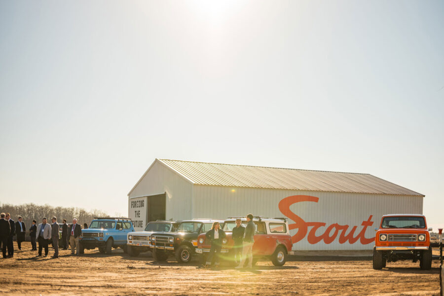 About a dozen vintage Scout sport utility vehicles stood at the entrance to the Feb. 15 groundbreaking at the Blythewood, S.C. site where Volkswagen is investing $2 billion to resurrect the brand as an electric vehicle. Credit: Scout Motors