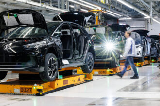 The second generation of Volkswagen's ID.3 electric car on a production line on May 24, 2023 in Zwickau, Germany. Credit: Jens Schlueter/Getty Images