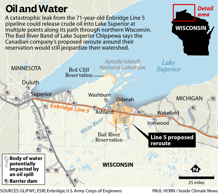 A map shows the route of Line 5 through U.S., including the Bad River Reservation, and into Canada. It also shows the proposed reroute around the reservation.