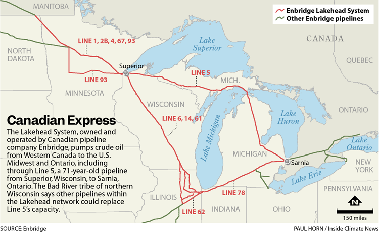 A map shows Enbridge's network of pipelines in the region around the Bad River Reservation. The tribe has argued that other pipelines could handle the capacity of that line.